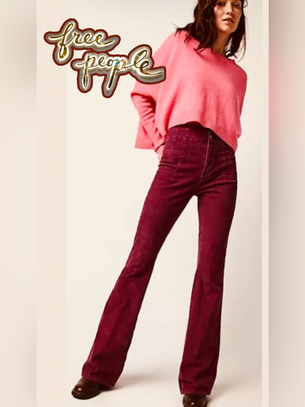 Free People Jayde Cord Flare Jeans in Garnet Red nwt